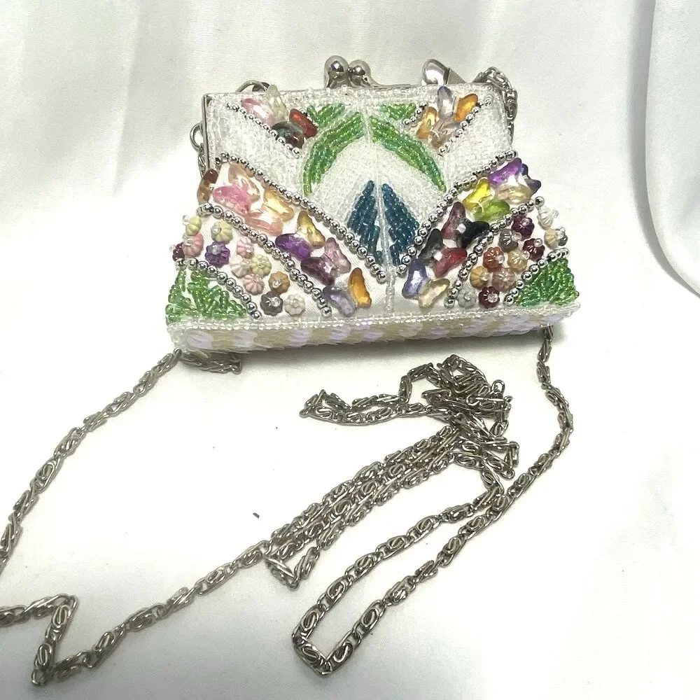 Cross Shoulder Bead Rhinestone Coin Purse Kiss-Lock Frame Vintage Butterflies